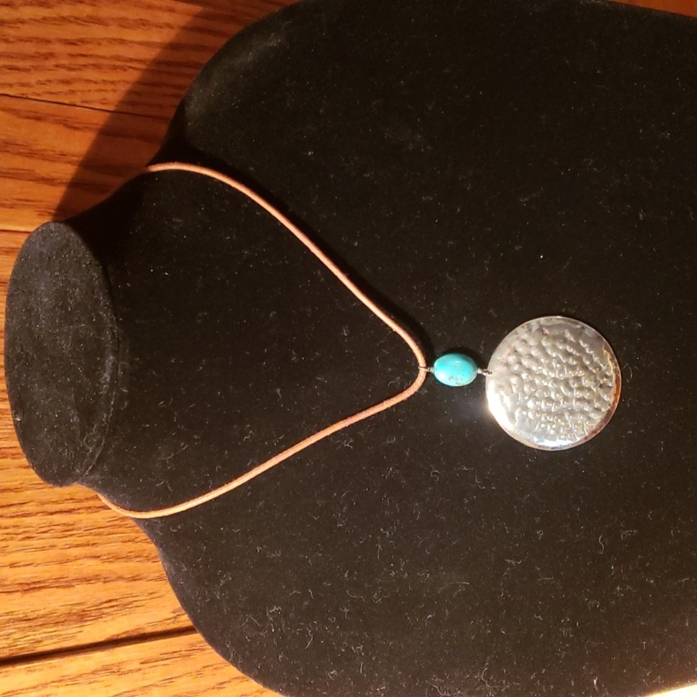 Silpada SS Hammered Disc with Turquoise Nugget on Leather Cord Necklace
